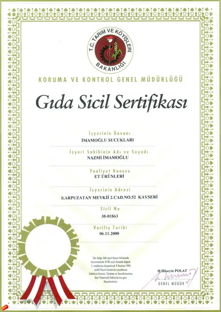 Gıda Sicil Sertifikası